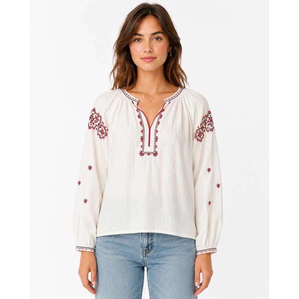 1970s Eastern European Embroidered Peasant Blouse Cotton Folk Top Medium